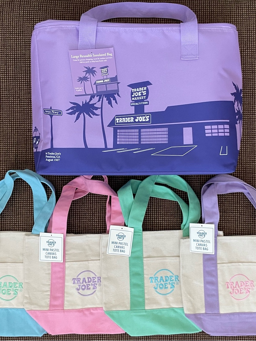Trader Joe's Large Lavender Reusable Insulated Bag + 4 Mini Pastel Canvas Tote
